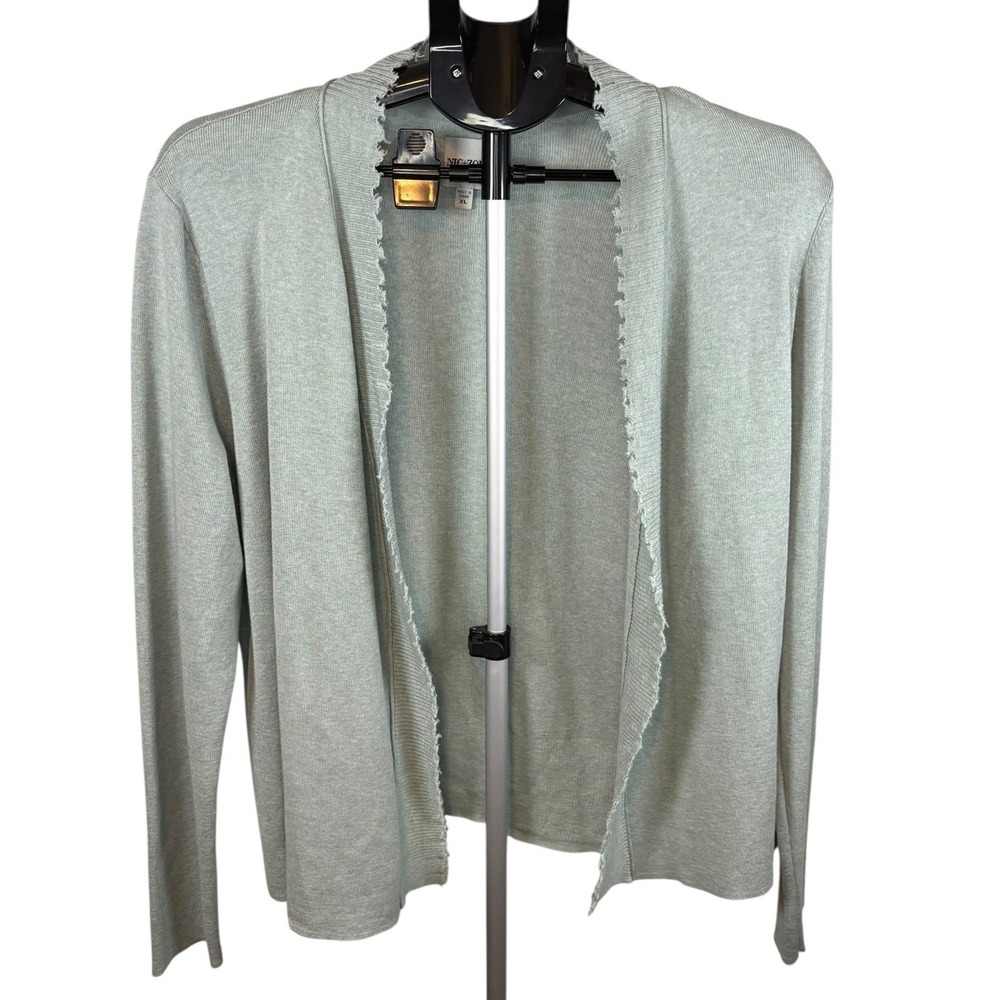 Nic+Zoe Womens XL Sage Green Frayed Edge Open Front Cotton Blend Cardigan NEW